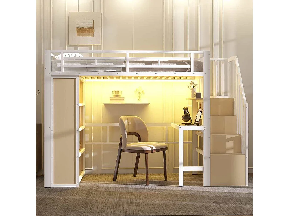 Letto a soppalco 90x200 cm con struttura in metallo, scrivania integrata, ripiani, LED regolabile e scale con spazio contenitore, senza materasso