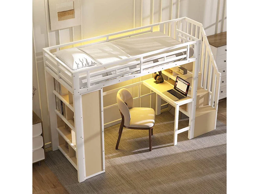 Letto a soppalco 90x200 cm con struttura in metallo, scrivania integrata, ripiani, LED regolabile e scale con spazio contenitore, senza materasso