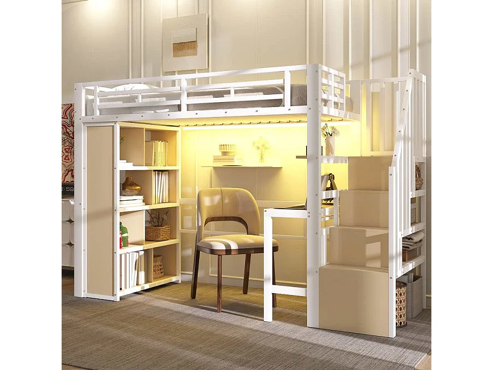 Letto a soppalco 90x200 cm con struttura in metallo, scrivania integrata, ripiani, LED regolabile e scale con spazio contenitore, senza materasso