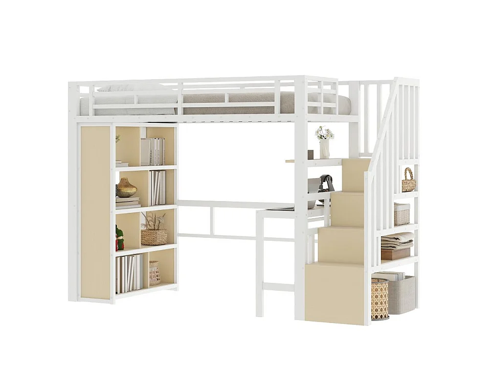 Letto a soppalco 90x200 cm con struttura in metallo, scrivania integrata, ripiani, LED regolabile e scale con spazio contenitore, senza materasso