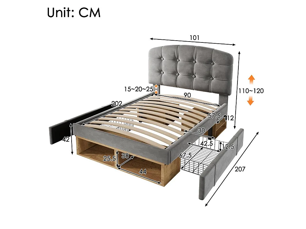 90x200 cm Lit Polster en Velours avec Tête Réglable, Rangement Intégré, Sommier à Lattes et Design Élégant