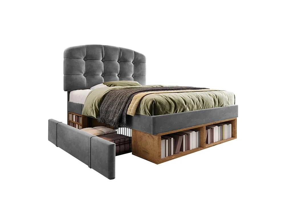 90x200 cm Lit Polster en Velours avec Tête Réglable, Rangement Intégré, Sommier à Lattes et Design Élégant