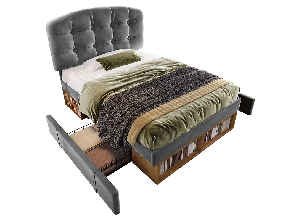 90x200 cm Lit Polster en Velours avec Tête Réglable, Rangement Intégré, Sommier à Lattes et Design Élégant