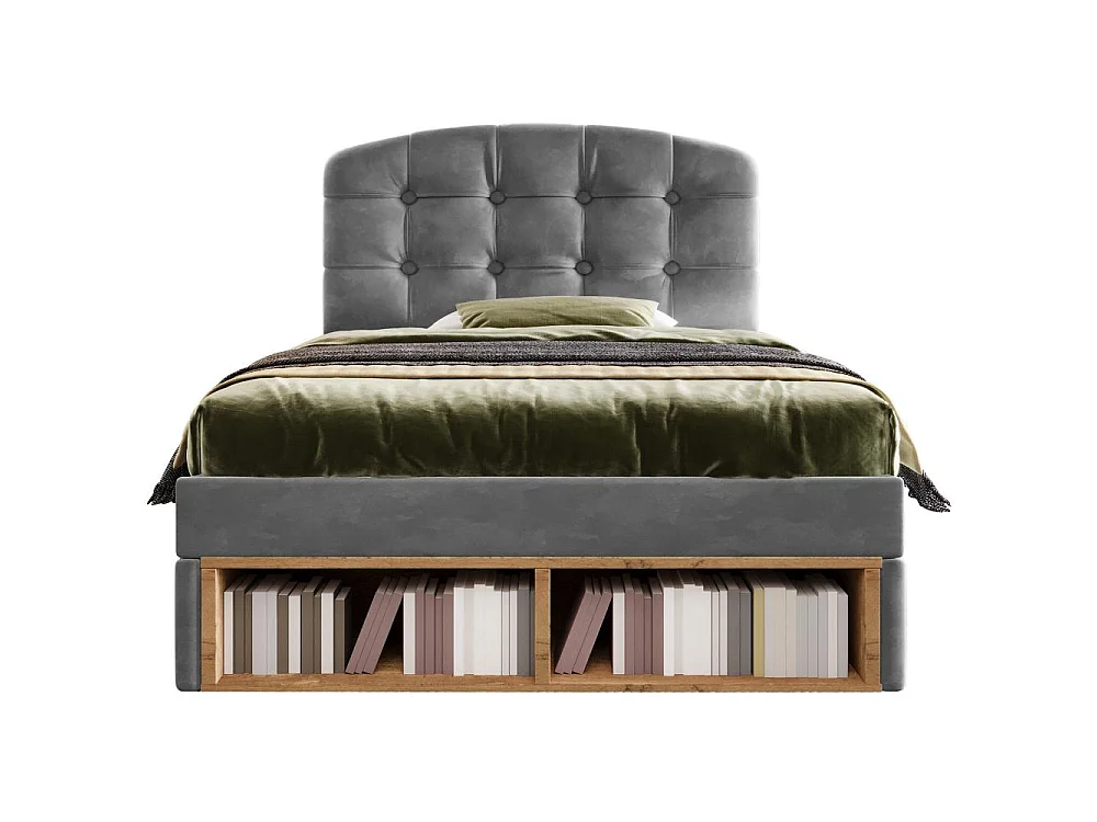 90x200 cm Lit Polster en Velours avec Tête Réglable, Rangement Intégré, Sommier à Lattes et Design Élégant