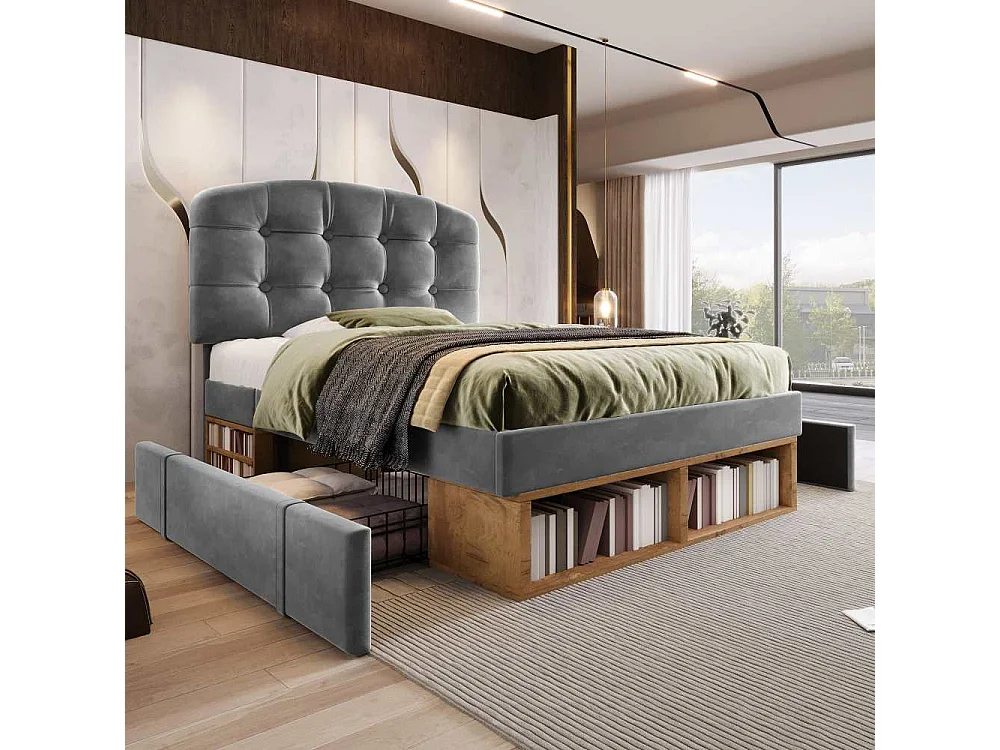 90x200 cm Lit Polster en Velours avec Tête Réglable, Rangement Intégré, Sommier à Lattes et Design Élégant