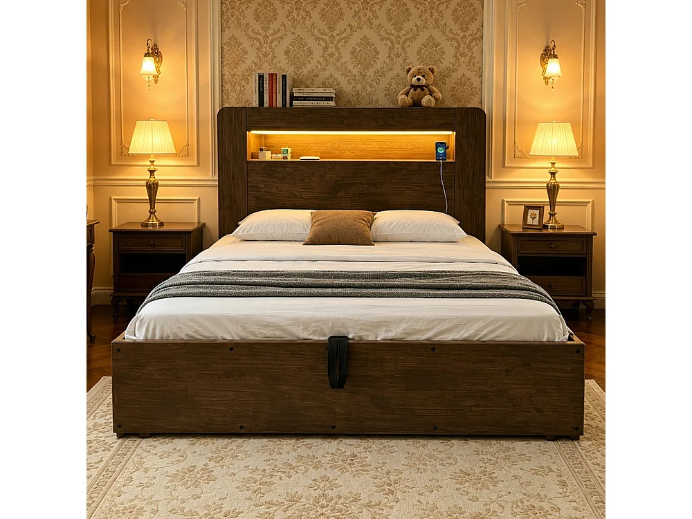 140*200 cm Houten opbergbed met hydraulische opbergruimte, LED-hoofdeinde, geïntegreerde stopcontacten en modern vintage platform
