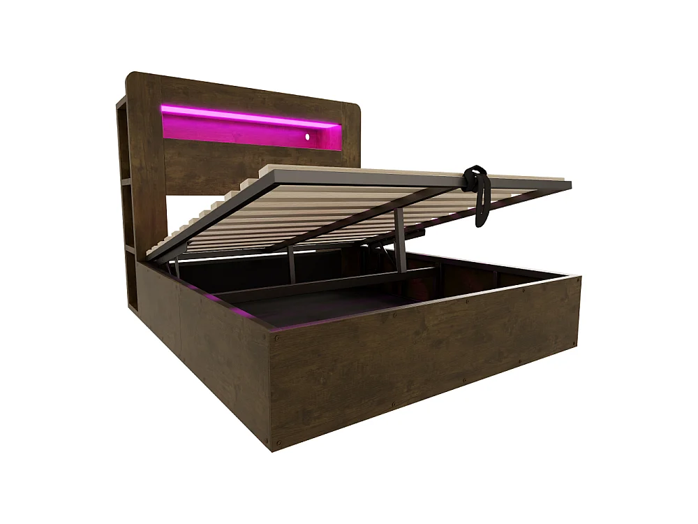 140*200 cm Houten opbergbed met hydraulische opbergruimte, LED-hoofdeinde, geïntegreerde stopcontacten en modern vintage platform