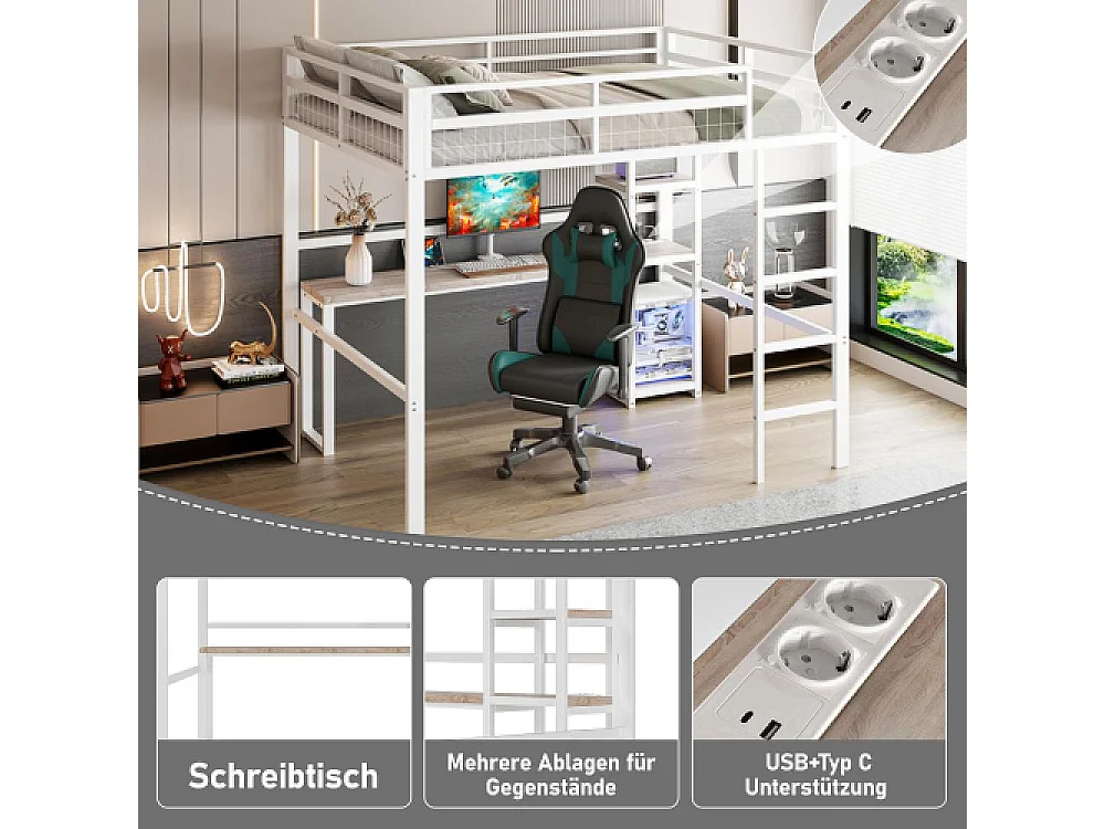 Cama elevada 140x200cm de hierro con escritorio, estantes múltiples, puerto USB Type-C y barandilla