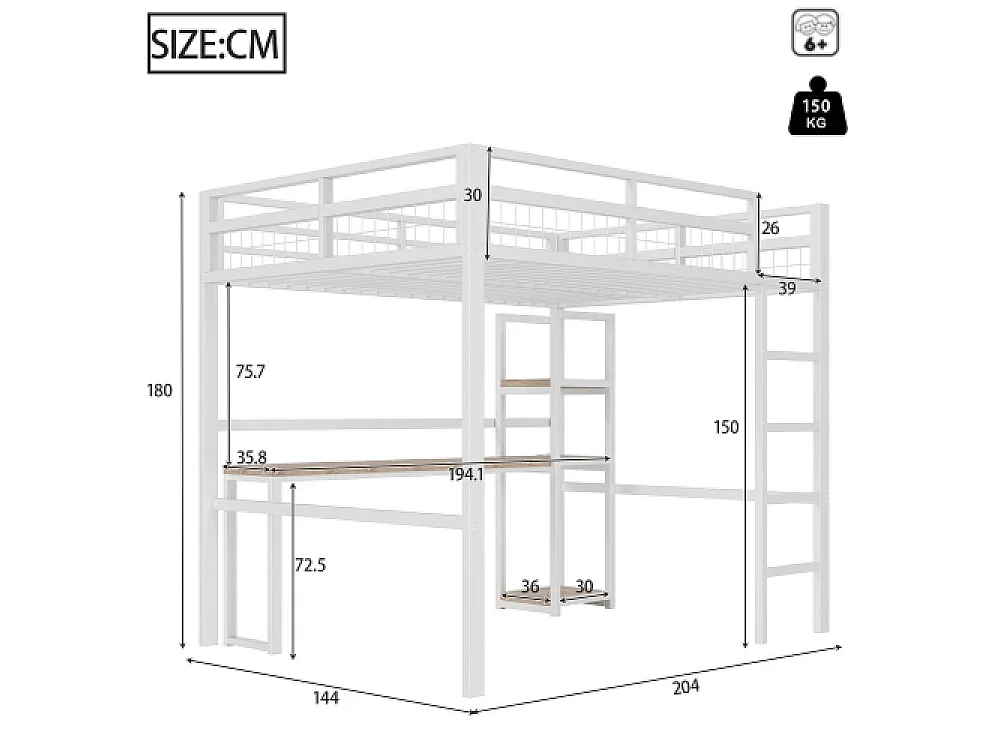 Cama elevada 140x200cm de hierro con escritorio, estantes múltiples, puerto USB Type-C y barandilla