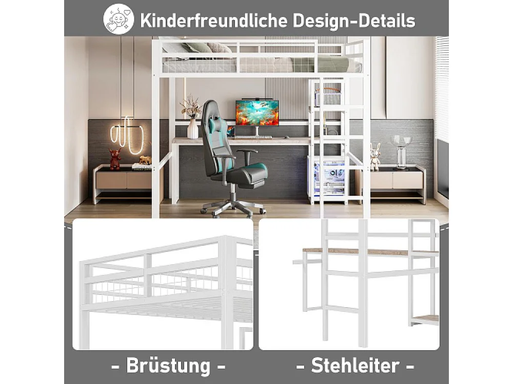 Cama elevada 140x200cm de hierro con escritorio, estantes múltiples, puerto USB Type-C y barandilla