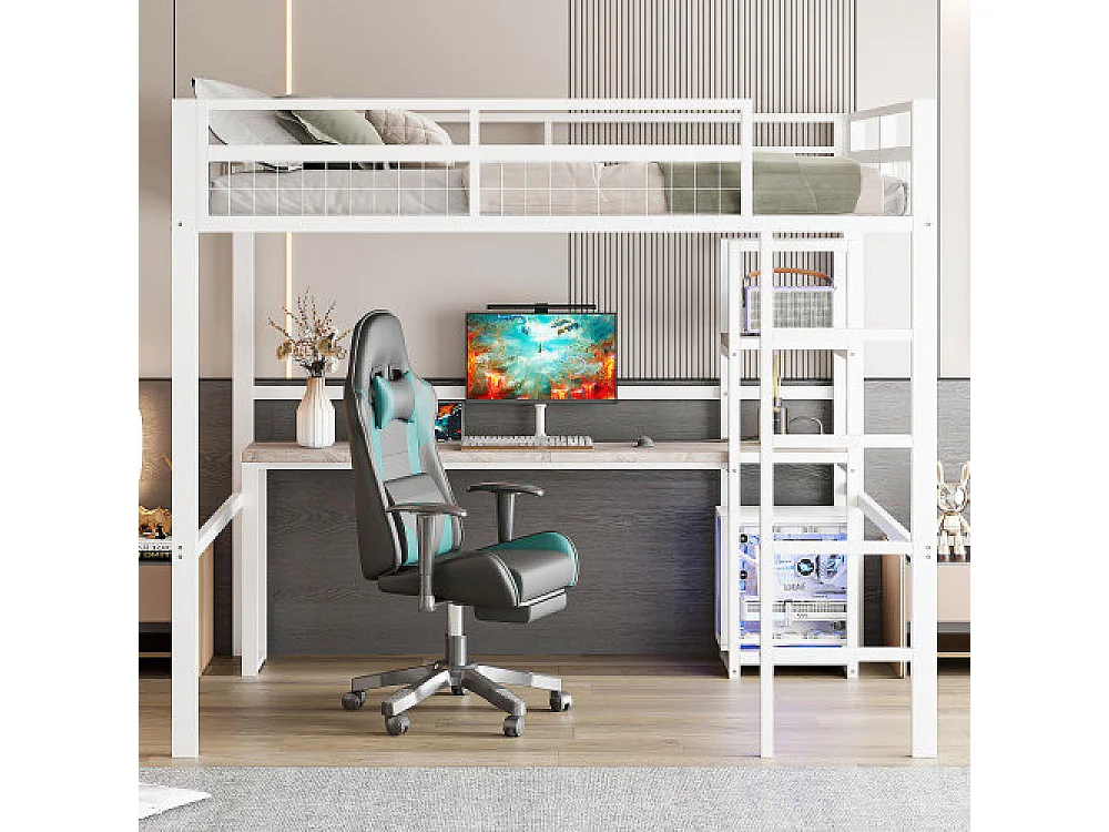 Cama elevada 140x200cm de hierro con escritorio, estantes múltiples, puerto USB Type-C y barandilla