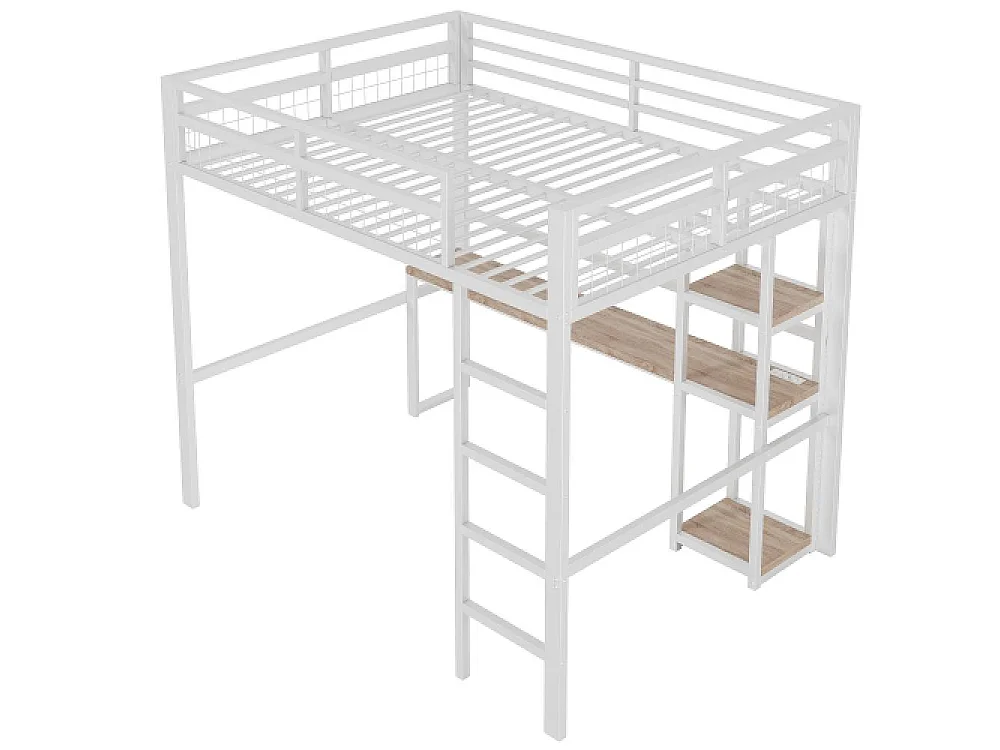 Cama elevada 140x200cm de hierro con escritorio, estantes múltiples, puerto USB Type-C y barandilla