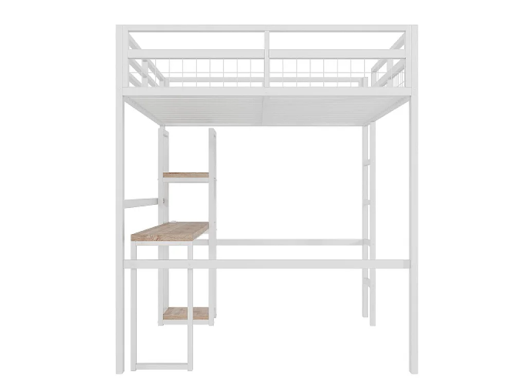 Cama elevada 140x200cm de hierro con escritorio, estantes múltiples, puerto USB Type-C y barandilla