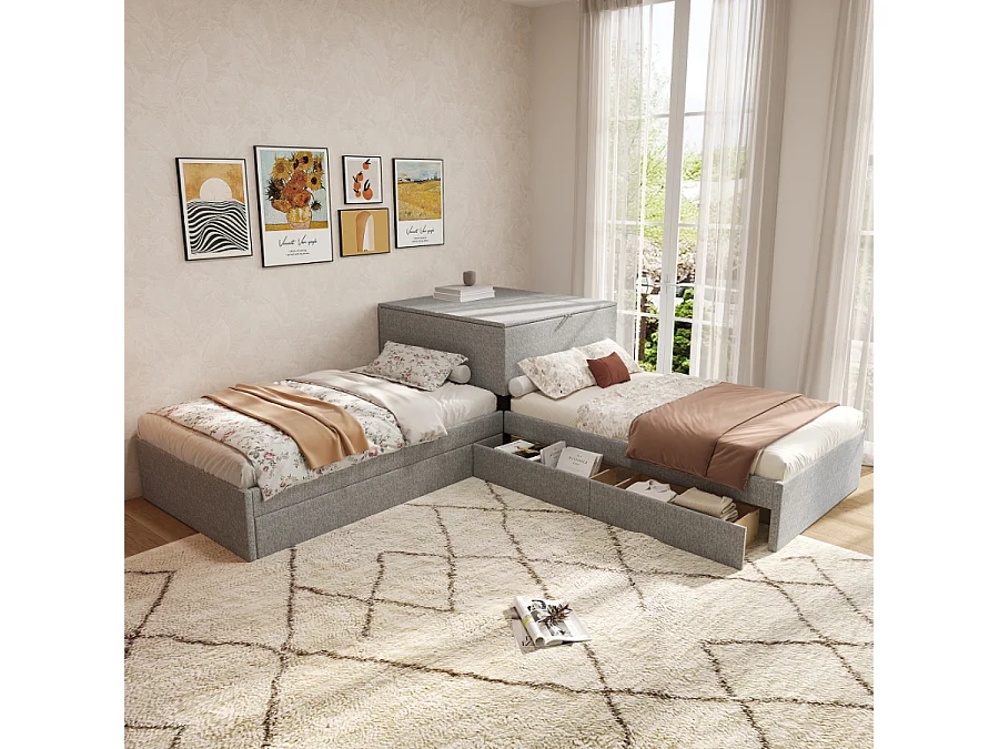 Lit d'angle extractible et espace de rangement, 2 lits simples - Lit fonctionnel avec tiroirs, armoire, 90x200 cm, draps gris