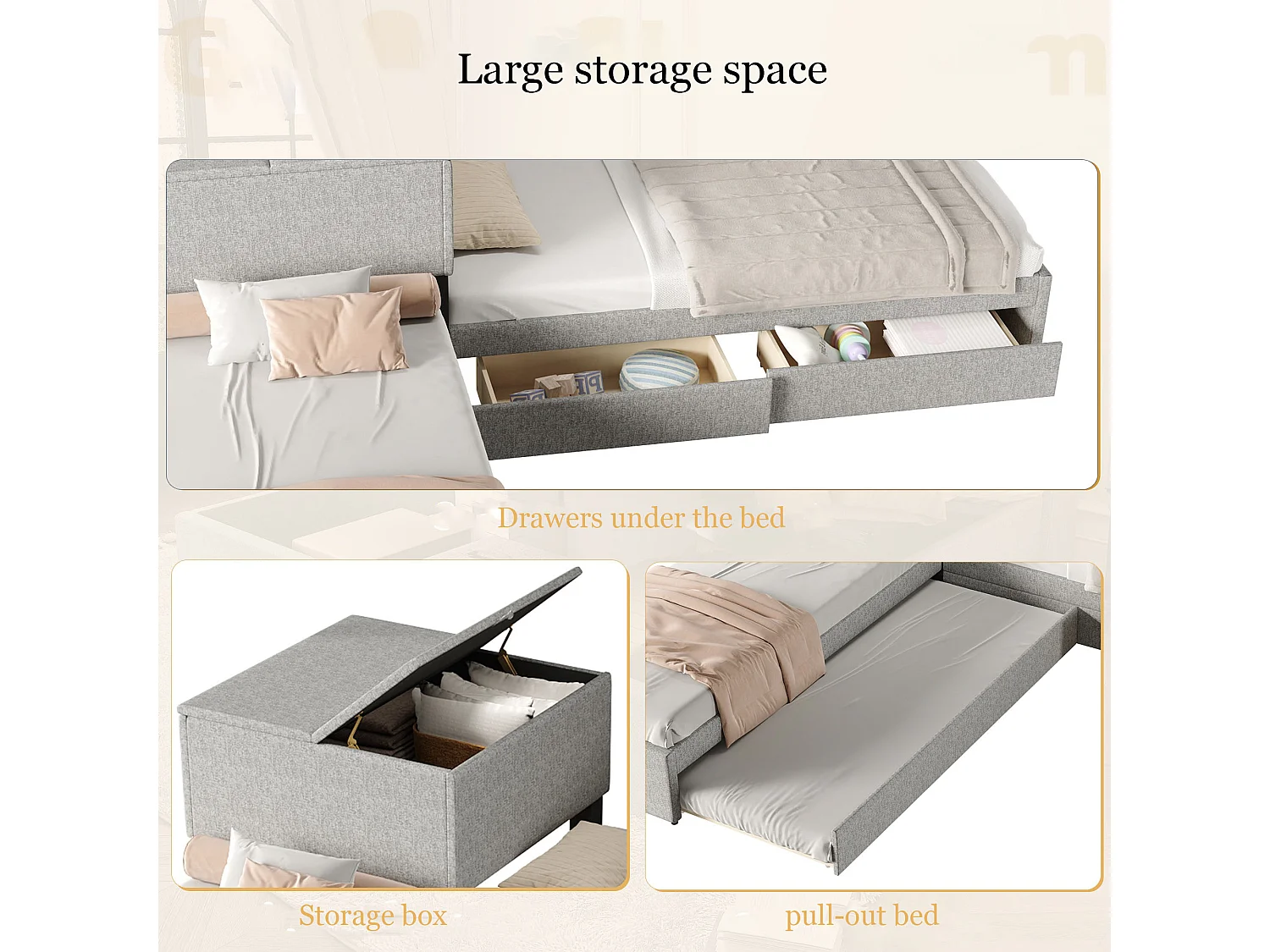 Lit d'angle extractible et espace de rangement, 2 lits simples - Lit fonctionnel avec tiroirs, armoire, 90x200 cm, draps gris