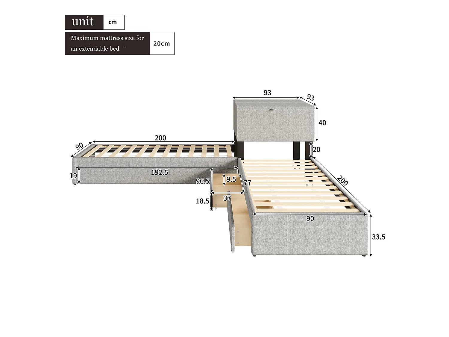 Lit d'angle extractible et espace de rangement, 2 lits simples - Lit fonctionnel avec tiroirs, armoire, 90x200 cm, draps gris
