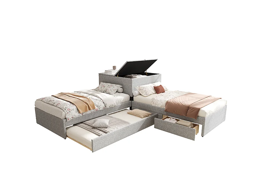 Lit d'angle extractible et espace de rangement, 2 lits simples - Lit fonctionnel avec tiroirs, armoire, 90x200 cm, draps gris