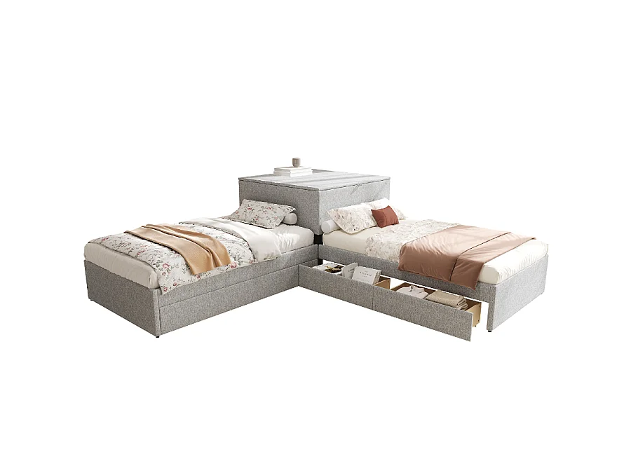 Lit d'angle extractible et espace de rangement, 2 lits simples - Lit fonctionnel avec tiroirs, armoire, 90x200 cm, draps gris
