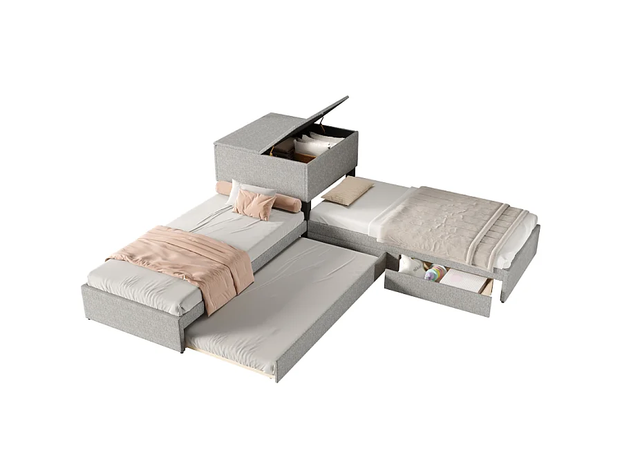 Lit d'angle extractible et espace de rangement, 2 lits simples - Lit fonctionnel avec tiroirs, armoire, 90x200 cm, draps gris