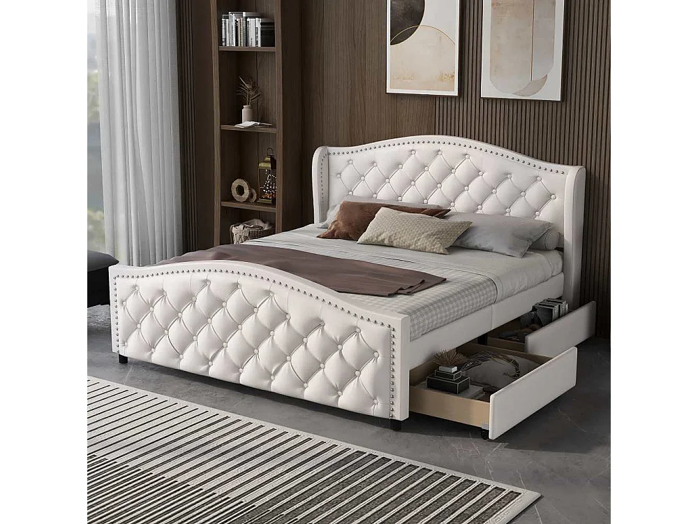 Lit double 140x200 cm en tissu avec sommier, 2 tiroirs et tête de lit à clous – Bois & simili cuir, blanc, pour chambre d’adolescent et invités