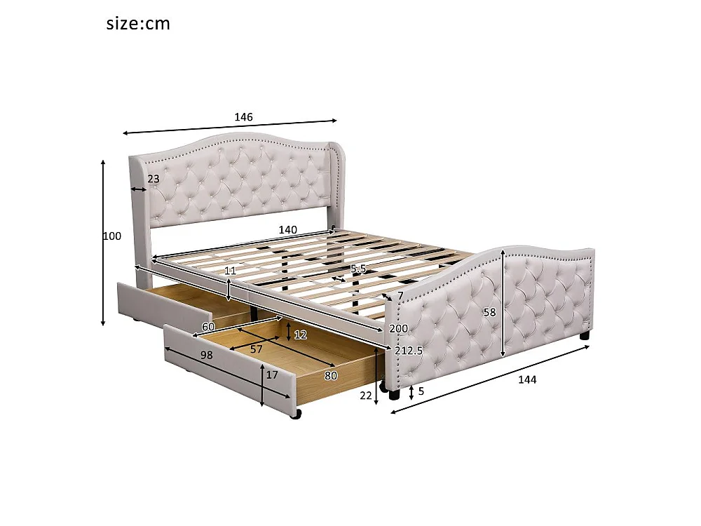 Lit double 140x200 cm en tissu avec sommier, 2 tiroirs et tête de lit à clous – Bois & simili cuir, blanc, pour chambre d’adolescent et invités