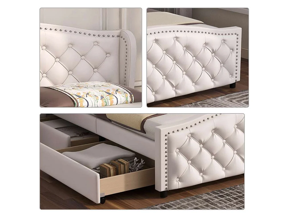 Lit double 140x200 cm en tissu avec sommier, 2 tiroirs et tête de lit à clous – Bois & simili cuir, blanc, pour chambre d’adolescent et invités