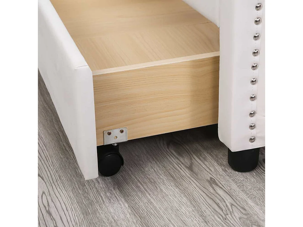 Lit double 140x200 cm en tissu avec sommier, 2 tiroirs et tête de lit à clous – Bois & simili cuir, blanc, pour chambre d’adolescent et invités