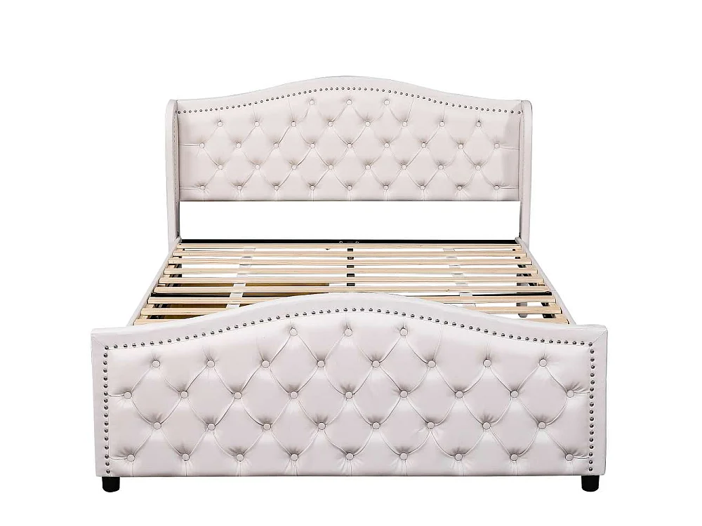 Lit double 140x200 cm en tissu avec sommier, 2 tiroirs et tête de lit à clous – Bois & simili cuir, blanc, pour chambre d’adolescent et invités