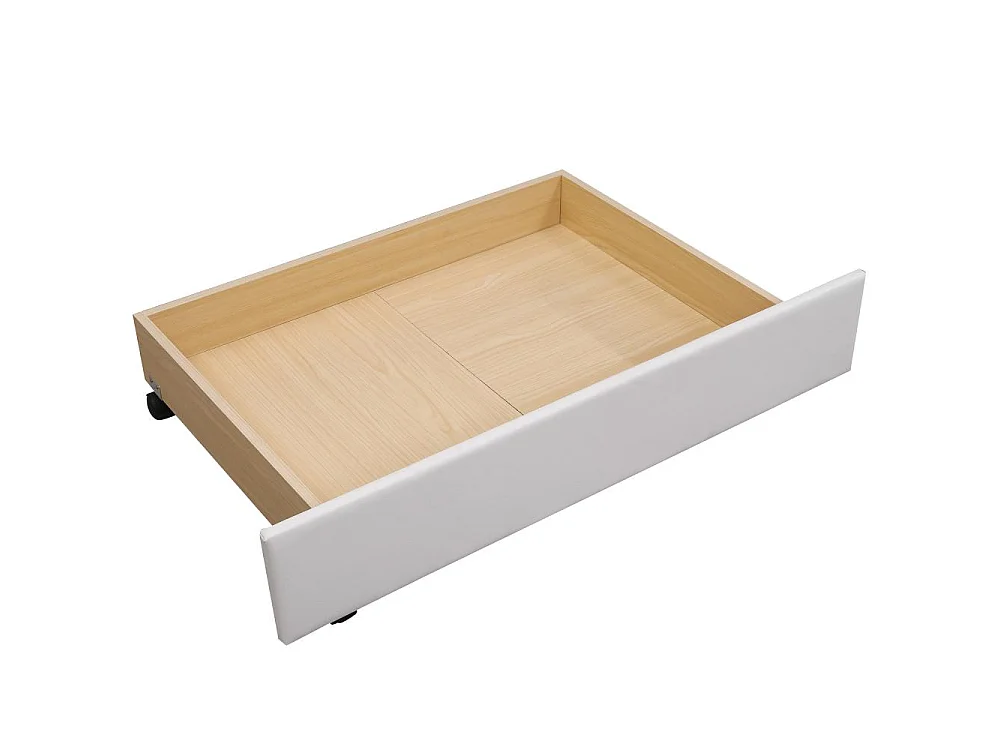Lit double 140x200 cm en tissu avec sommier, 2 tiroirs et tête de lit à clous – Bois & simili cuir, blanc, pour chambre d’adolescent et invités