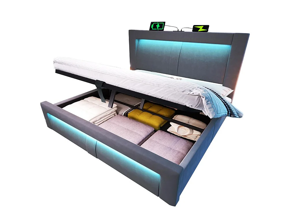 Lit double 160x200 cm avec rangement hydraulique, LED contrôlable par app, USB & Type-C intégrés, tête de lit incurvée, sans matelas
