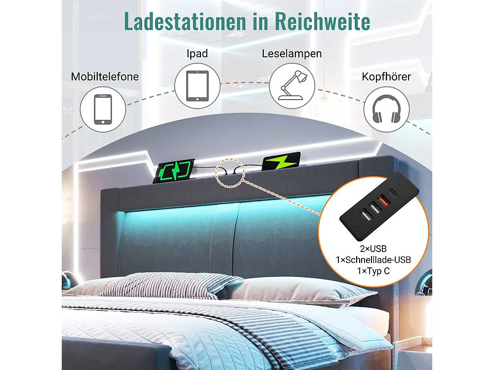 Lit double 160x200 cm avec rangement hydraulique, LED contrôlable par app, USB & Type-C intégrés, tête de lit incurvée, sans matelas