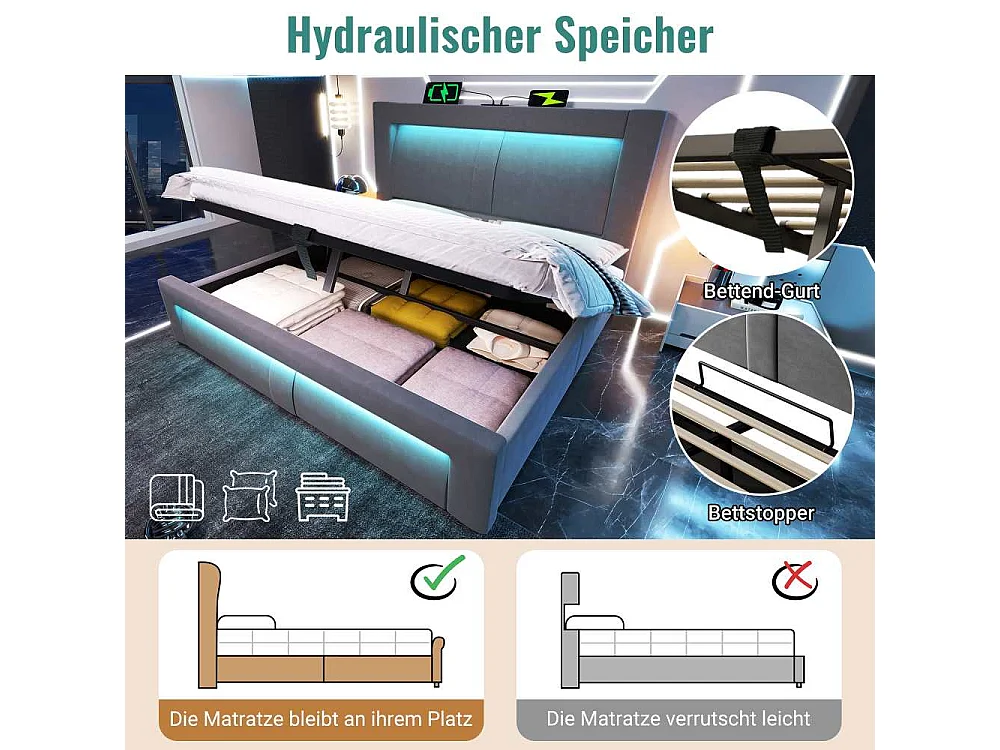 Lit double 160x200 cm avec rangement hydraulique, LED contrôlable par app, USB & Type-C intégrés, tête de lit incurvée, sans matelas