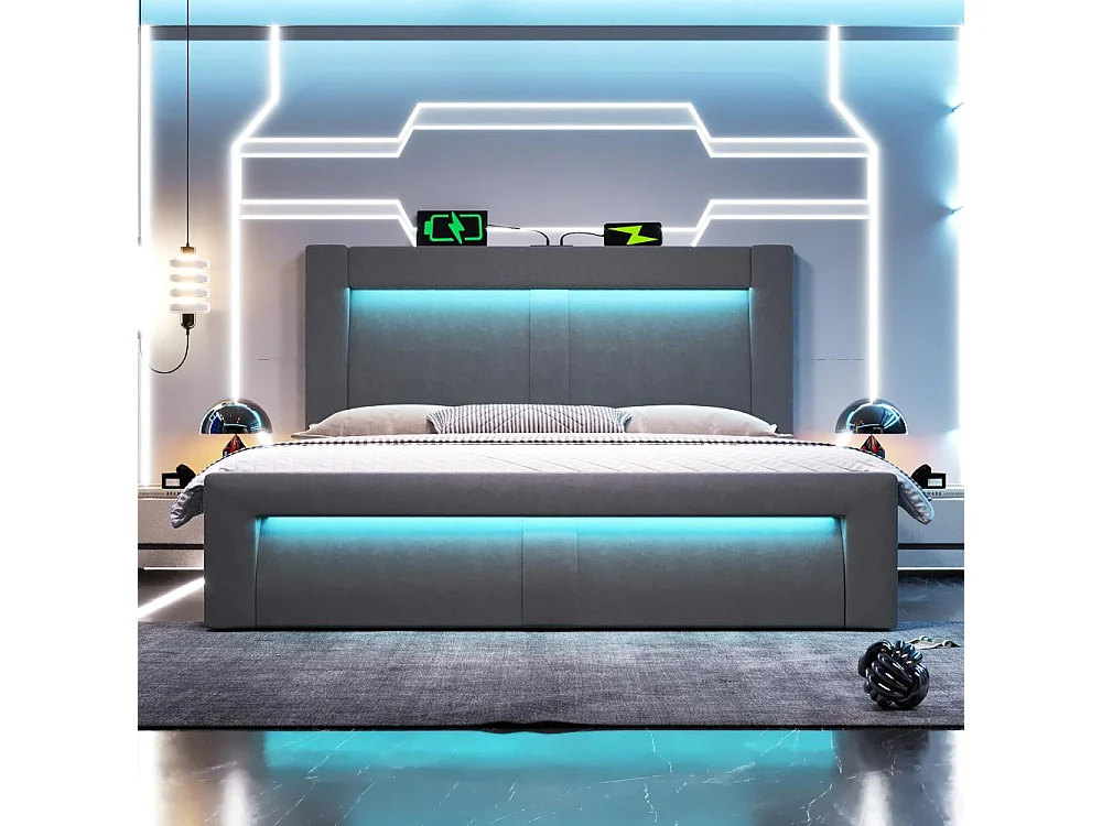 Lit double 160x200 cm avec rangement hydraulique, LED contrôlable par app, USB & Type-C intégrés, tête de lit incurvée, sans matelas