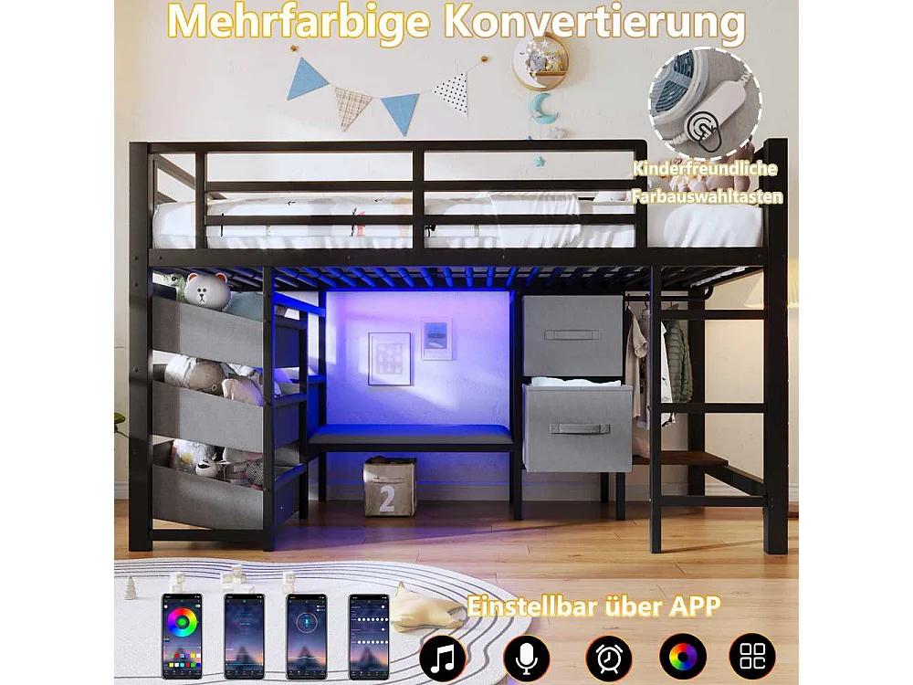 Lit mi-hauteur 90x200 cm en métal avec coussin d’assise, tiroir et poche de rangement en tissu, éclairage LED, crochets intégrés, sans matelas