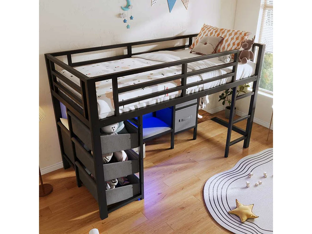 Lit mi-hauteur 90x200 cm en métal avec coussin d’assise, tiroir et poche de rangement en tissu, éclairage LED, crochets intégrés, sans matelas