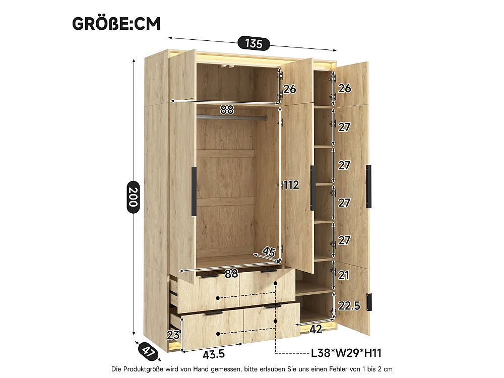 3-deurs dressingkast met LED-spiegel, 135x47x200 cm, kledingkast met 4 lades en 7 opbergruimtes, antraciet eikenpatroon