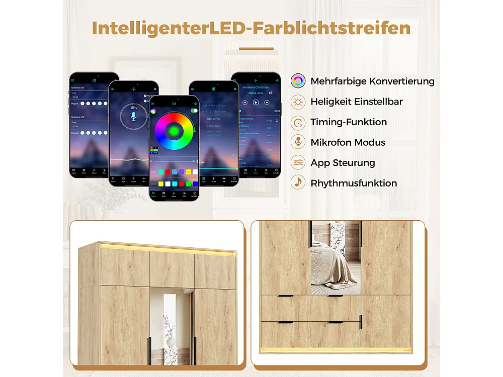 3-deurs dressingkast met LED-spiegel, 135x47x200 cm, kledingkast met 4 lades en 7 opbergruimtes, antraciet eikenpatroon
