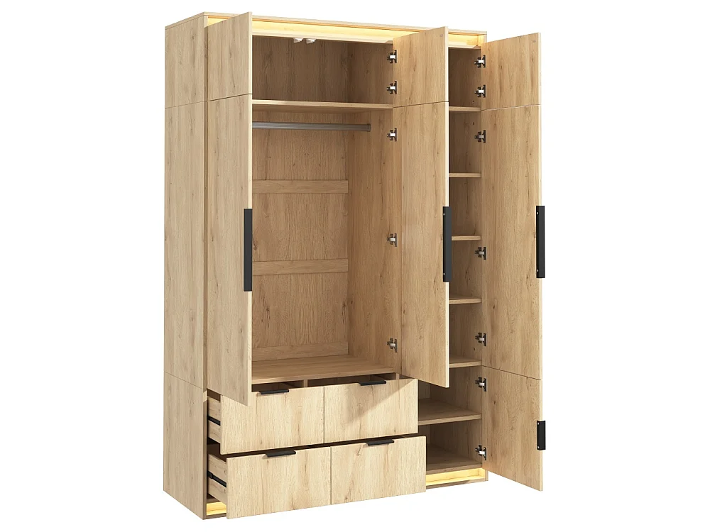 3-deurs dressingkast met LED-spiegel, 135x47x200 cm, kledingkast met 4 lades en 7 opbergruimtes, antraciet eikenpatroon