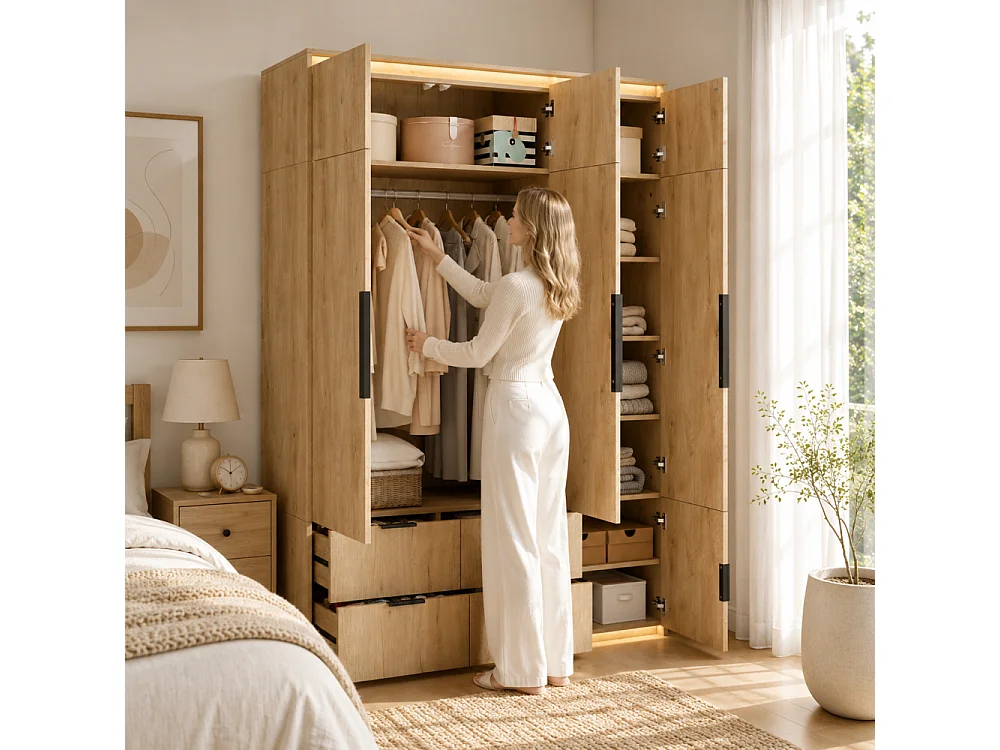 3-deurs dressingkast met LED-spiegel, 135x47x200 cm, kledingkast met 4 lades en 7 opbergruimtes, antraciet eikenpatroon