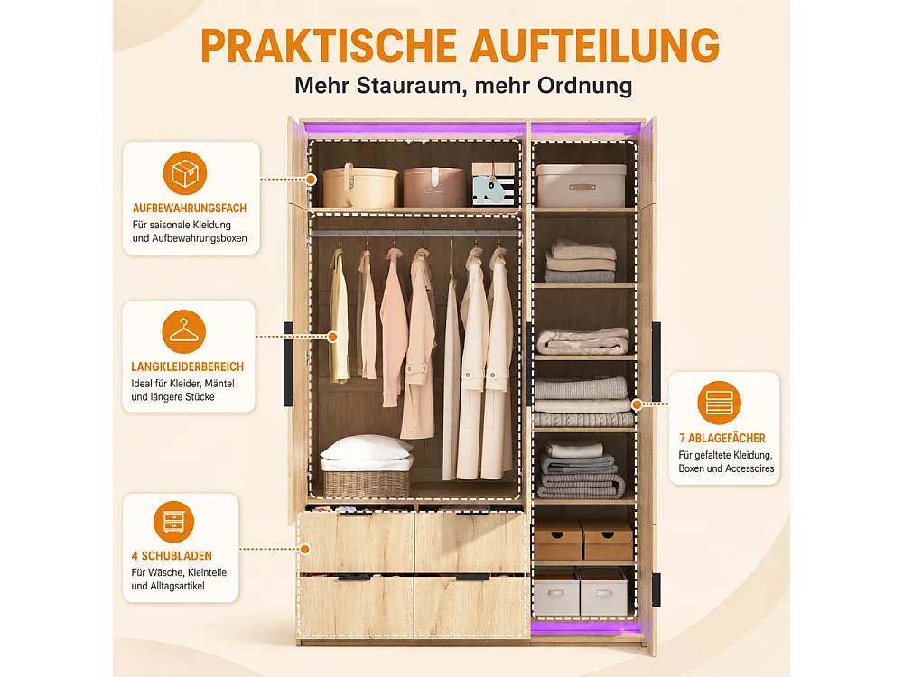 3-deurs dressingkast met LED-spiegel, 135x47x200 cm, kledingkast met 4 lades en 7 opbergruimtes, antraciet eikenpatroon