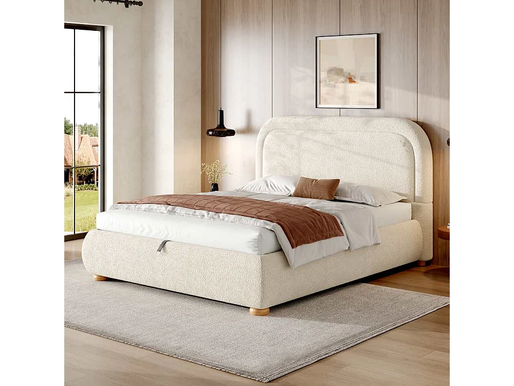 Lit capitonné 140x190 cm avec rangement hydraulique, sommier à lattes robuste, tissu bouclé beige, tête rembourrée élégante