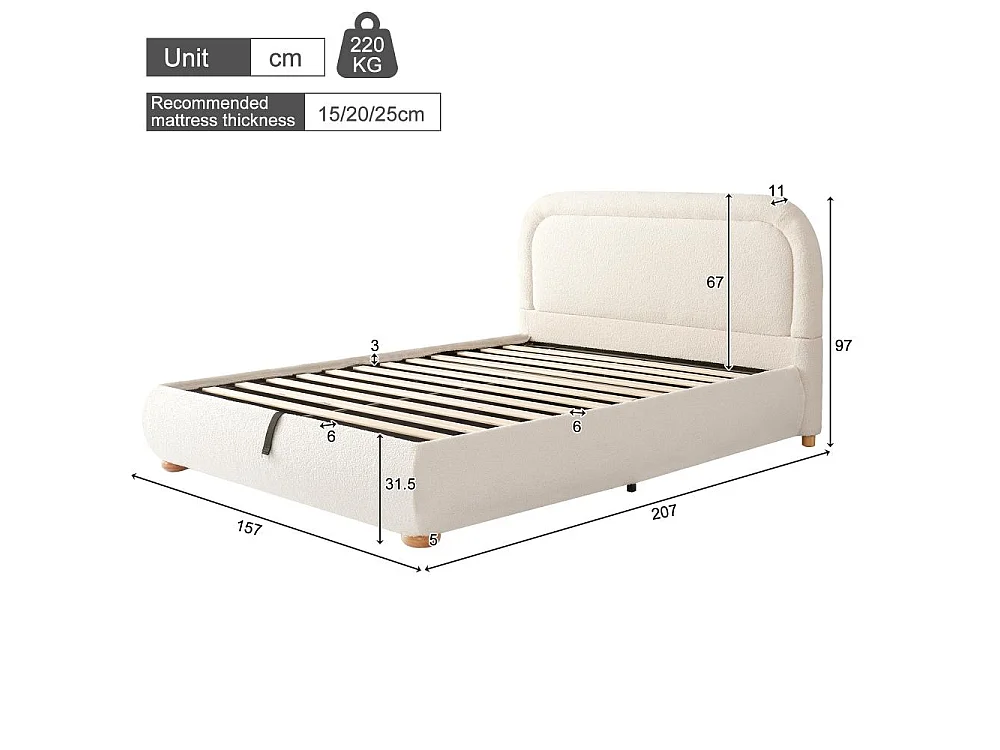 Lit capitonné 140x190 cm avec rangement hydraulique, sommier à lattes robuste, tissu bouclé beige, tête rembourrée élégante