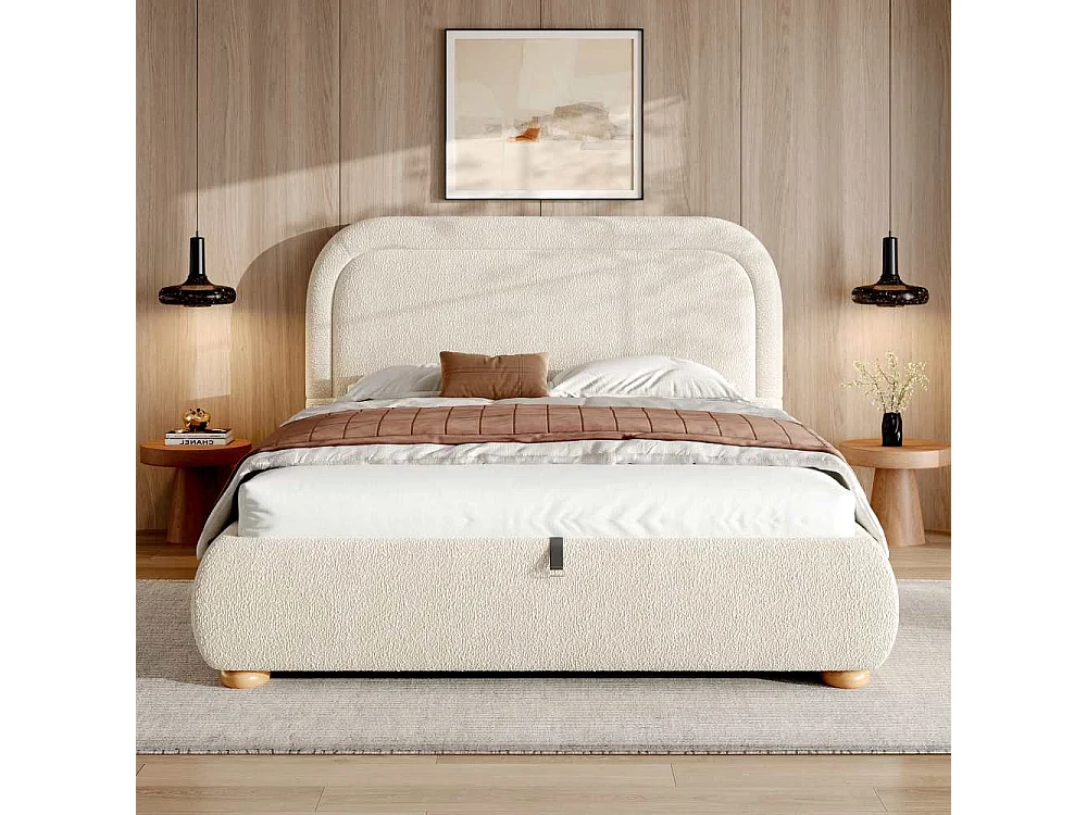 Lit capitonné 140x190 cm avec rangement hydraulique, sommier à lattes robuste, tissu bouclé beige, tête rembourrée élégante