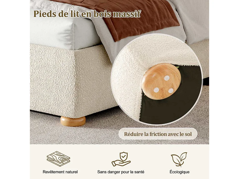 Lit capitonné 140x190 cm avec rangement hydraulique, sommier à lattes robuste, tissu bouclé beige, tête rembourrée élégante