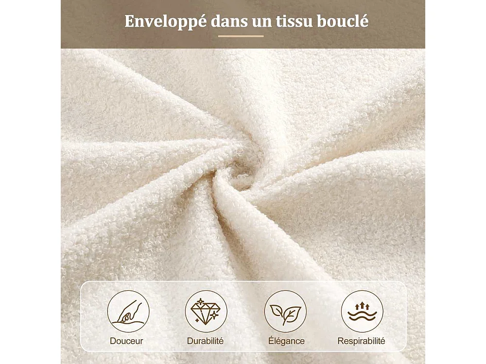 Lit capitonné 140x190 cm avec rangement hydraulique, sommier à lattes robuste, tissu bouclé beige, tête rembourrée élégante