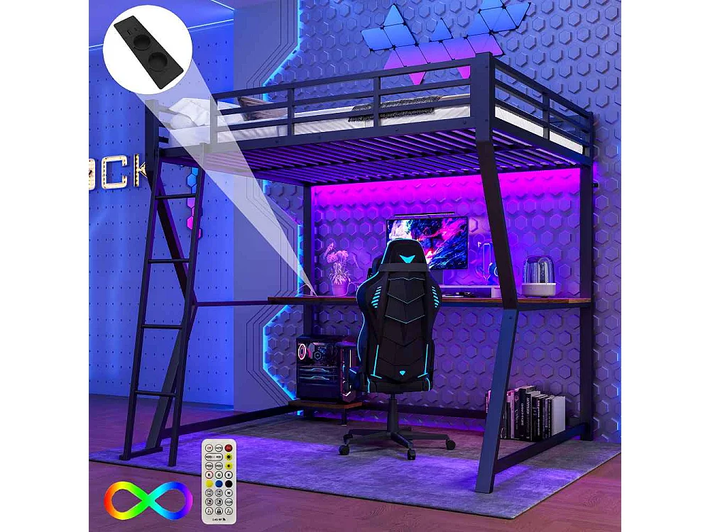Lit mezzanine 140x200cm avec LED, bureau multifonction, support PC, prise USB, rambarde sécurisée et escalier, cadre en fer robuste