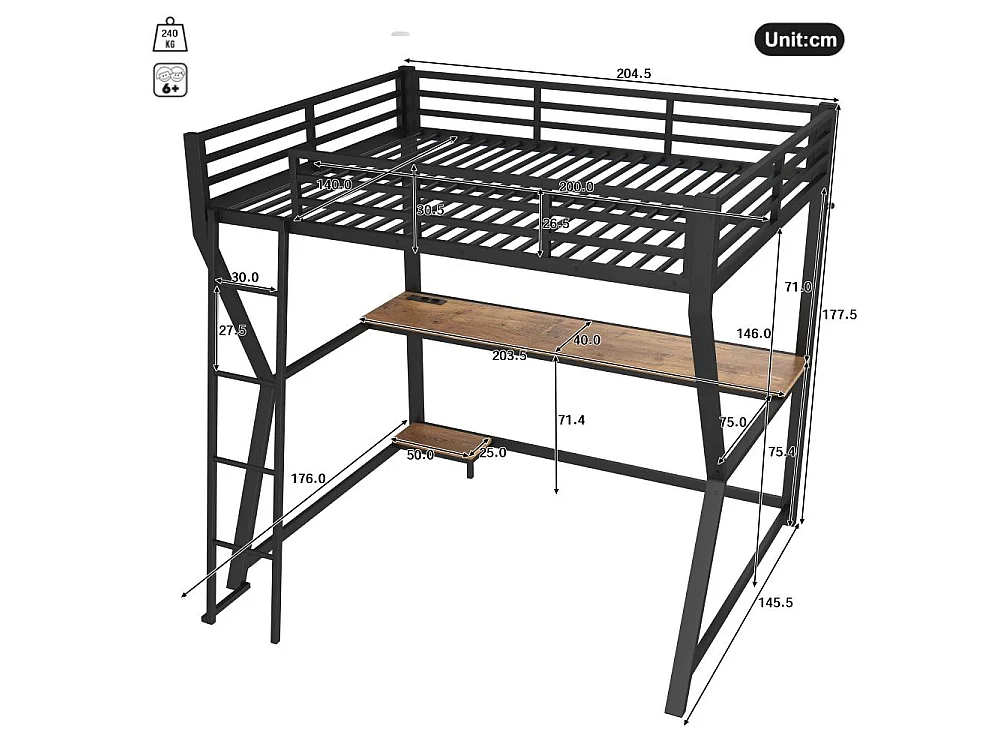Lit mezzanine 140x200cm avec LED, bureau multifonction, support PC, prise USB, rambarde sécurisée et escalier, cadre en fer robuste