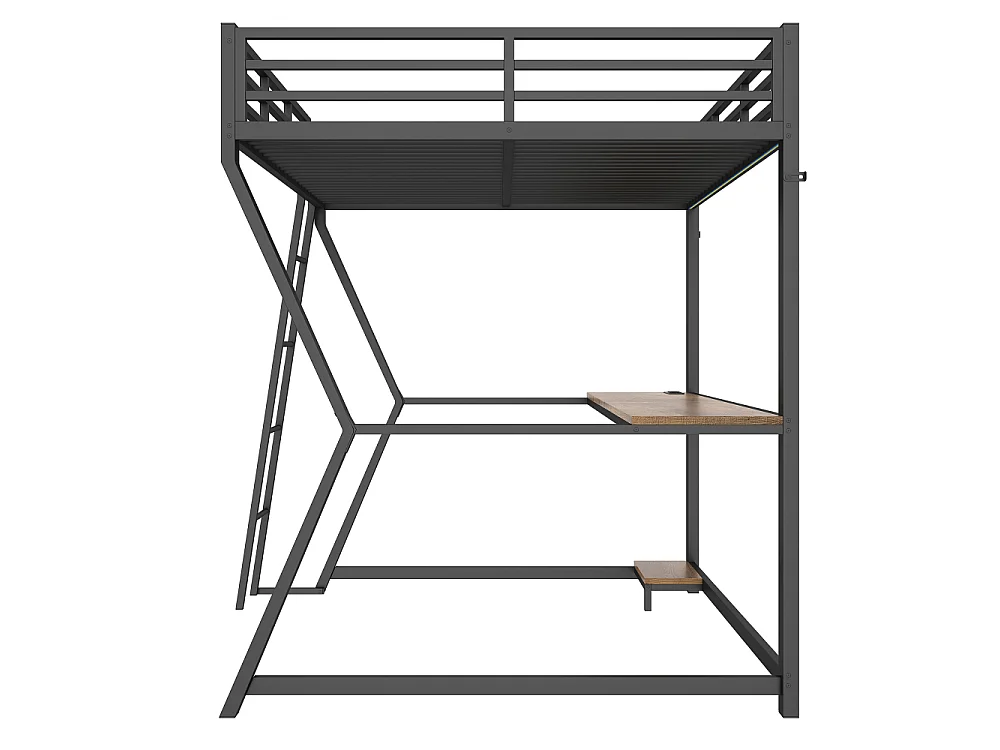 Lit mezzanine 140x200cm avec LED, bureau multifonction, support PC, prise USB, rambarde sécurisée et escalier, cadre en fer robuste