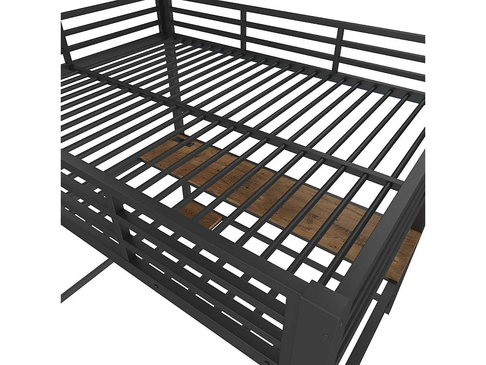 Lit mezzanine 140x200cm avec LED, bureau multifonction, support PC, prise USB, rambarde sécurisée et escalier, cadre en fer robuste
