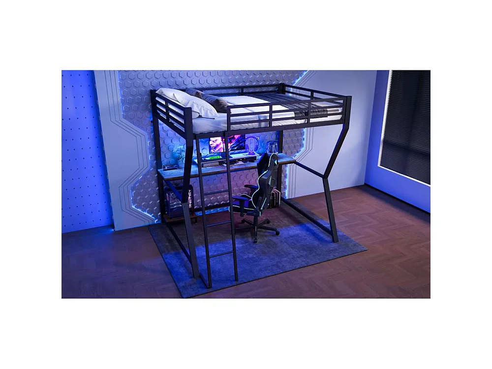 Lit mezzanine 140x200cm avec LED, bureau multifonction, support PC, prise USB, rambarde sécurisée et escalier, cadre en fer robuste